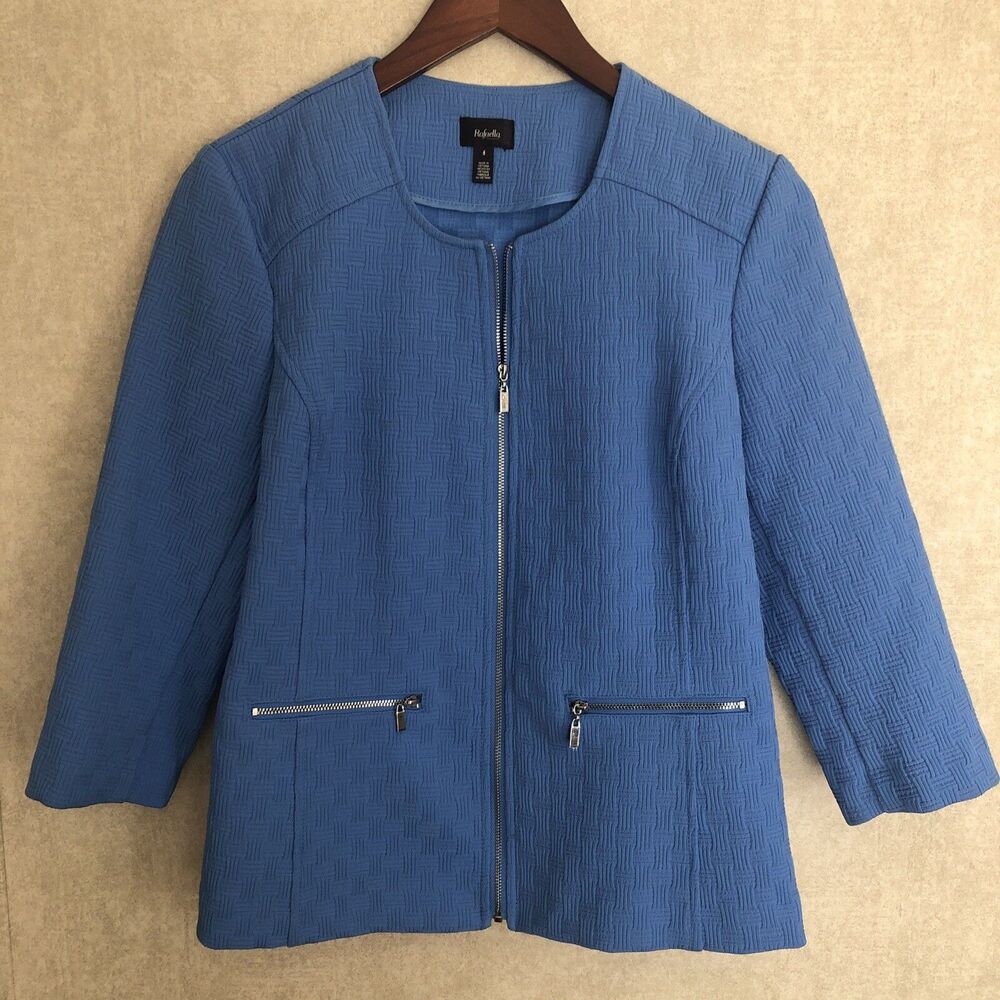 Rafaella Woman's Pastel Blue Woven Jacket 3/4 Sleeve Zippered Front Sz 4 EUC